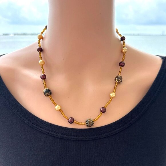 Beaded Necklace Amber Brown Gold Tone Adjustable Length Tigers Eye - Picture 2 of 4